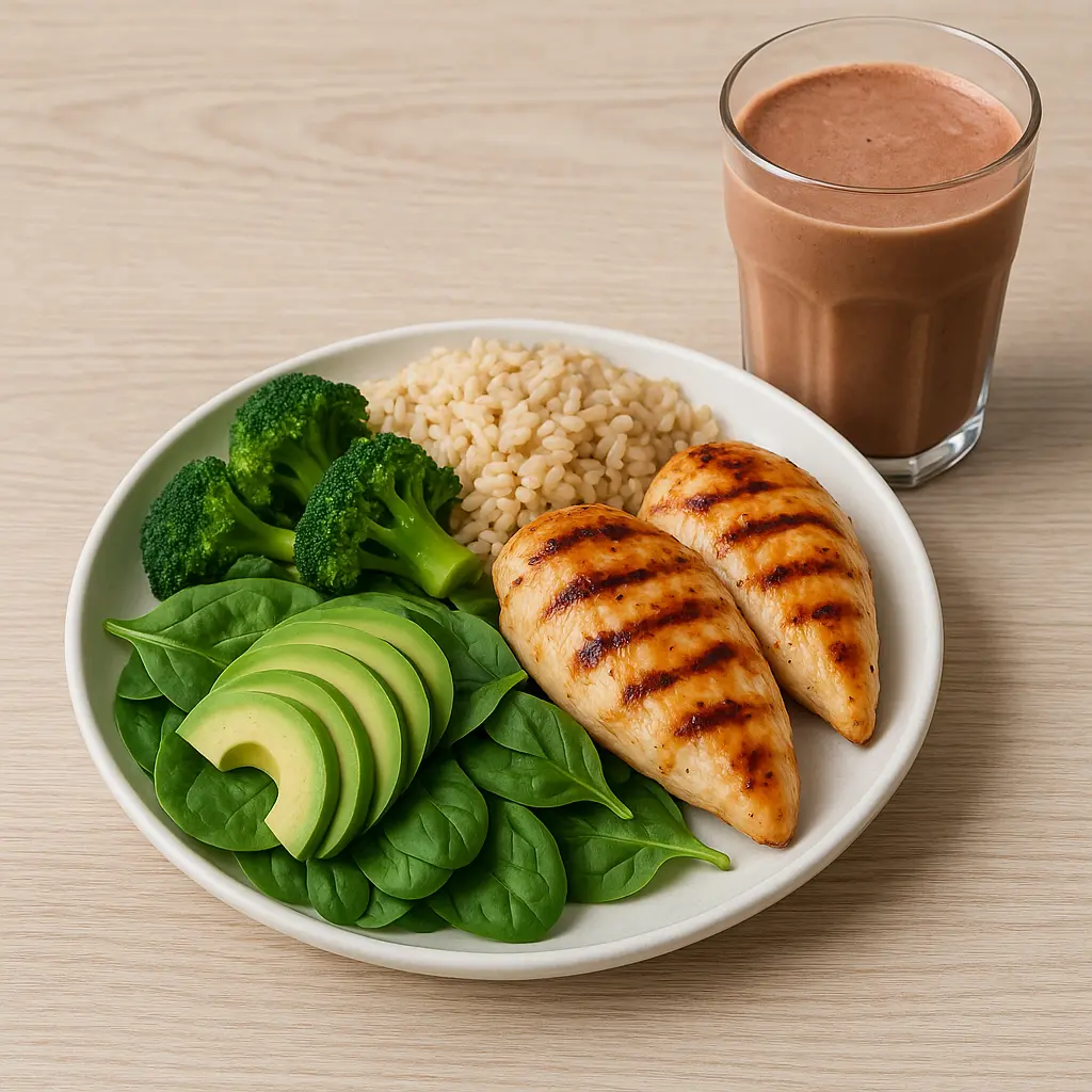High protein meal with grilled chicken breasts, brown rice, steamed broccoli, fresh spinach, avocado, and a glass of chocolate whey protein smoothie on a light wooden table